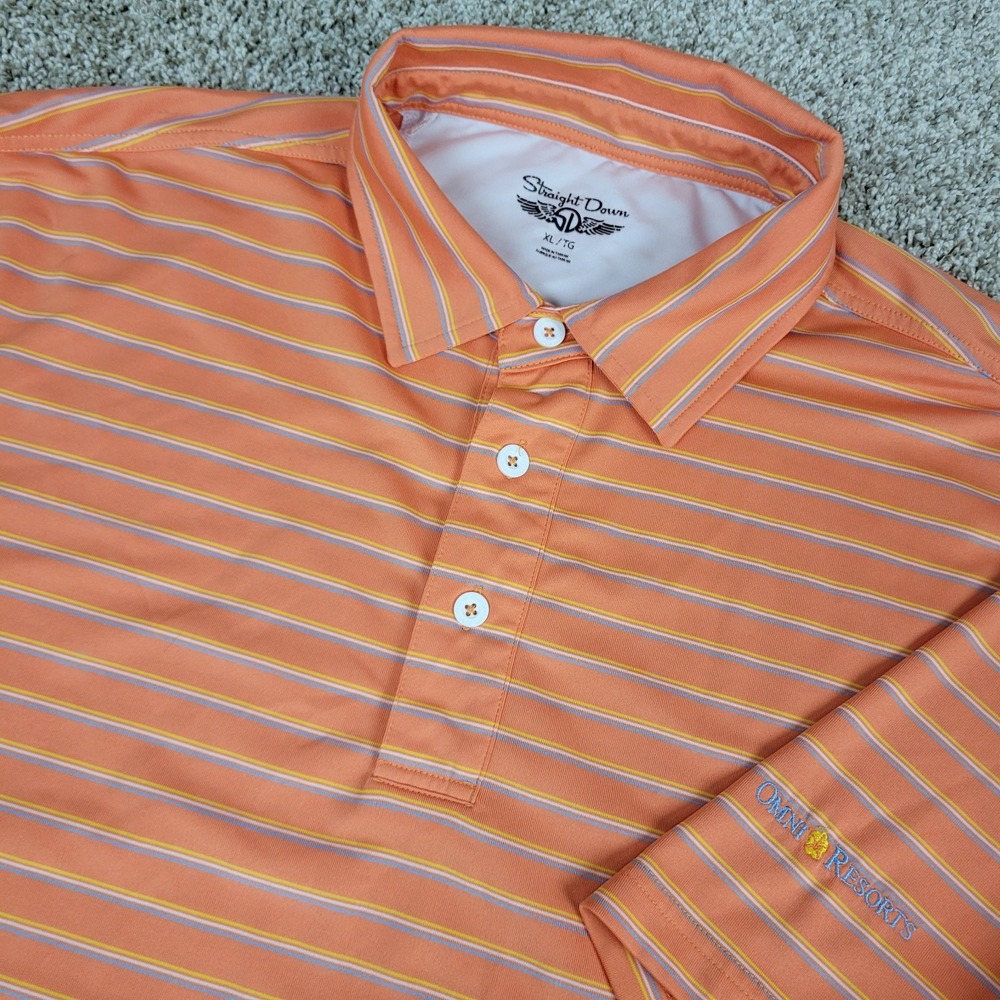 Straight Down Mens XL Orange Striped Performance Stretch Polo Short Sleeve